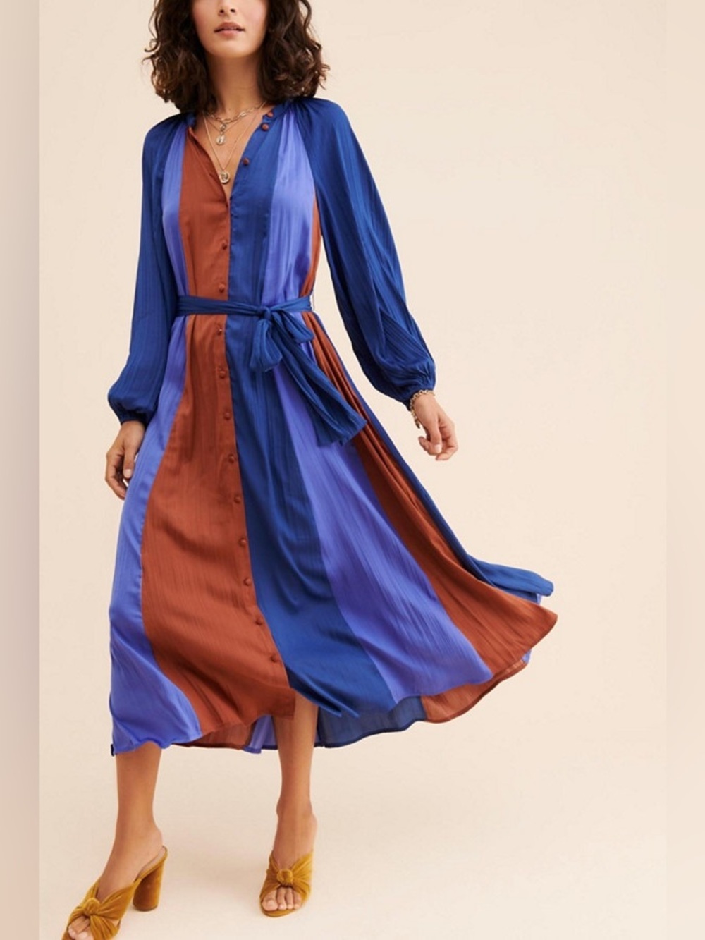 ANTHROPOLOGIE / MAEVE COLORBLOCKED MIDI DRESS IN BLUE AND BROWN small